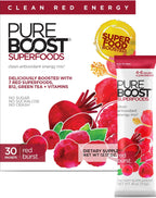 Pureboost Superfoods Clean Energy Booster, Refreshing Energy Drink Mix with 7 Organic Red Superfoods; Beet, Hibiscus, Pomegranate and Vitamins. Sugar-Free, No Sucralose (Red Burst, 30 Count)