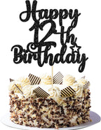 Gyufise 1Pc Happy 12th Birthday Cake Topper Glitter 12 & Fabulous Cheers to 12 Years Old Cake Pick for Celebrating 12th Birthday Anniversary Party Cake Decorations Supplies Black
