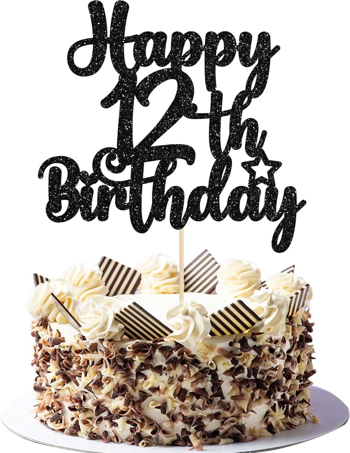 Gyufise 1Pc Happy 12th Birthday Cake Topper Glitter 12 & Fabulous Cheers to 12 Years Old Cake Pick for Celebrating 12th Birthday Anniversary Party Cake Decorations Supplies Black