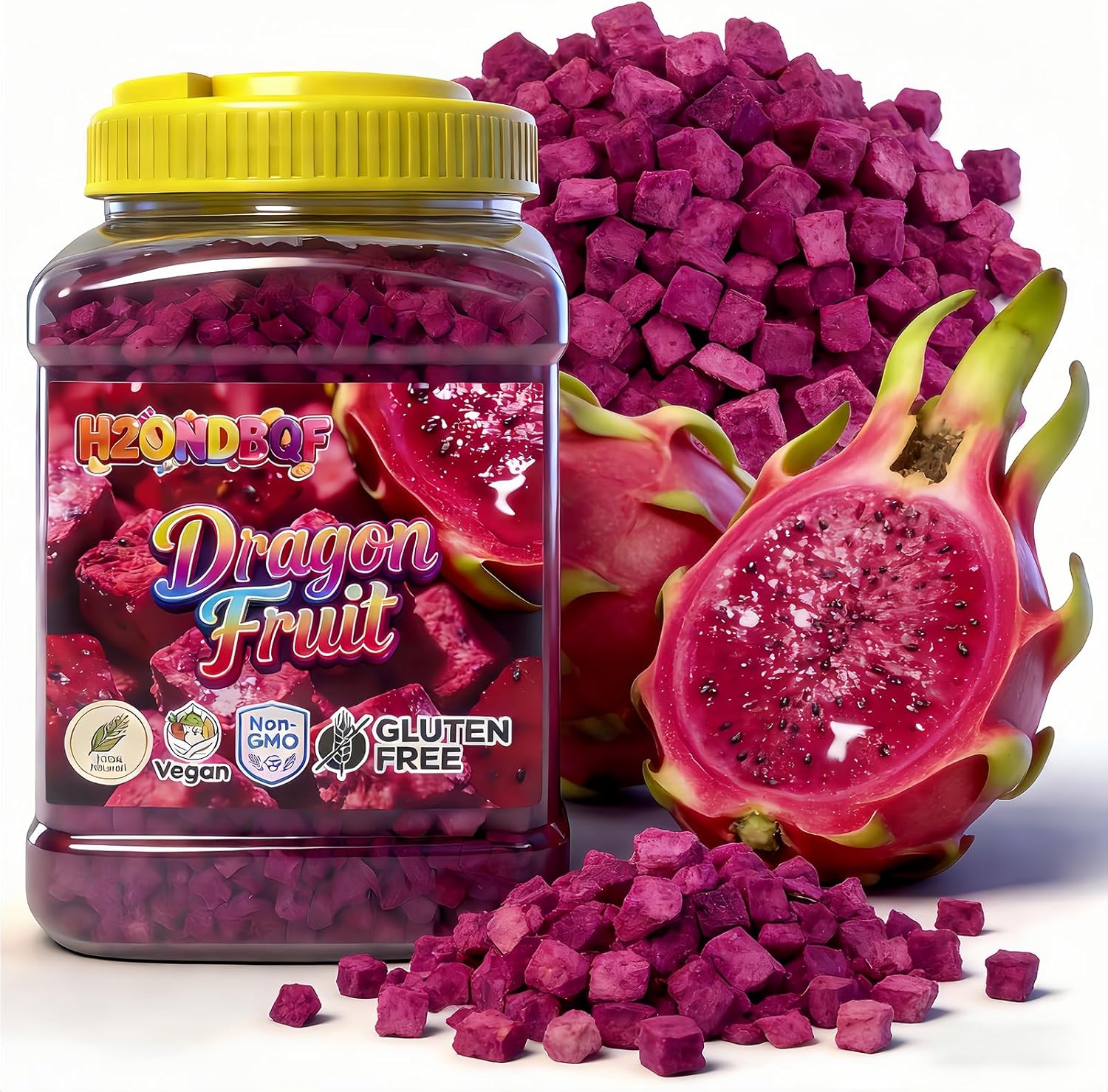 9.5oz Freeze Dried Dragon Fruit Cubes, Crispy & Light Red Pitaya Snacks, 1-Ingredient, for Smoothie Bowls, Baking, Cereal, Yogurt Snacking