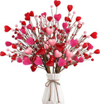 Valentine’s Day Gifts 12 Pcs Heart Shaped Berry Picks Artificial Red Heart Pearl Berry Twig Stem Branches with Red Pink Fluffy for Valentine’s Day Anniversary Flower Bouquets Wedding Home Decor