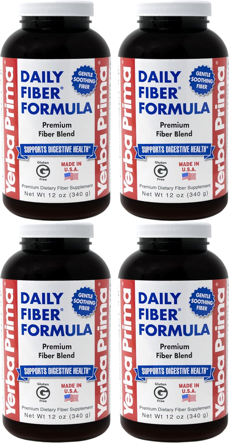Yerba Prima Daily Fiber Formula Powder - 12 oz (Pack of 4) - Soluble & Insoluble Dietary Fiber Supplement - Gut Health - Vegan, Non-GMO, Gluten-Free