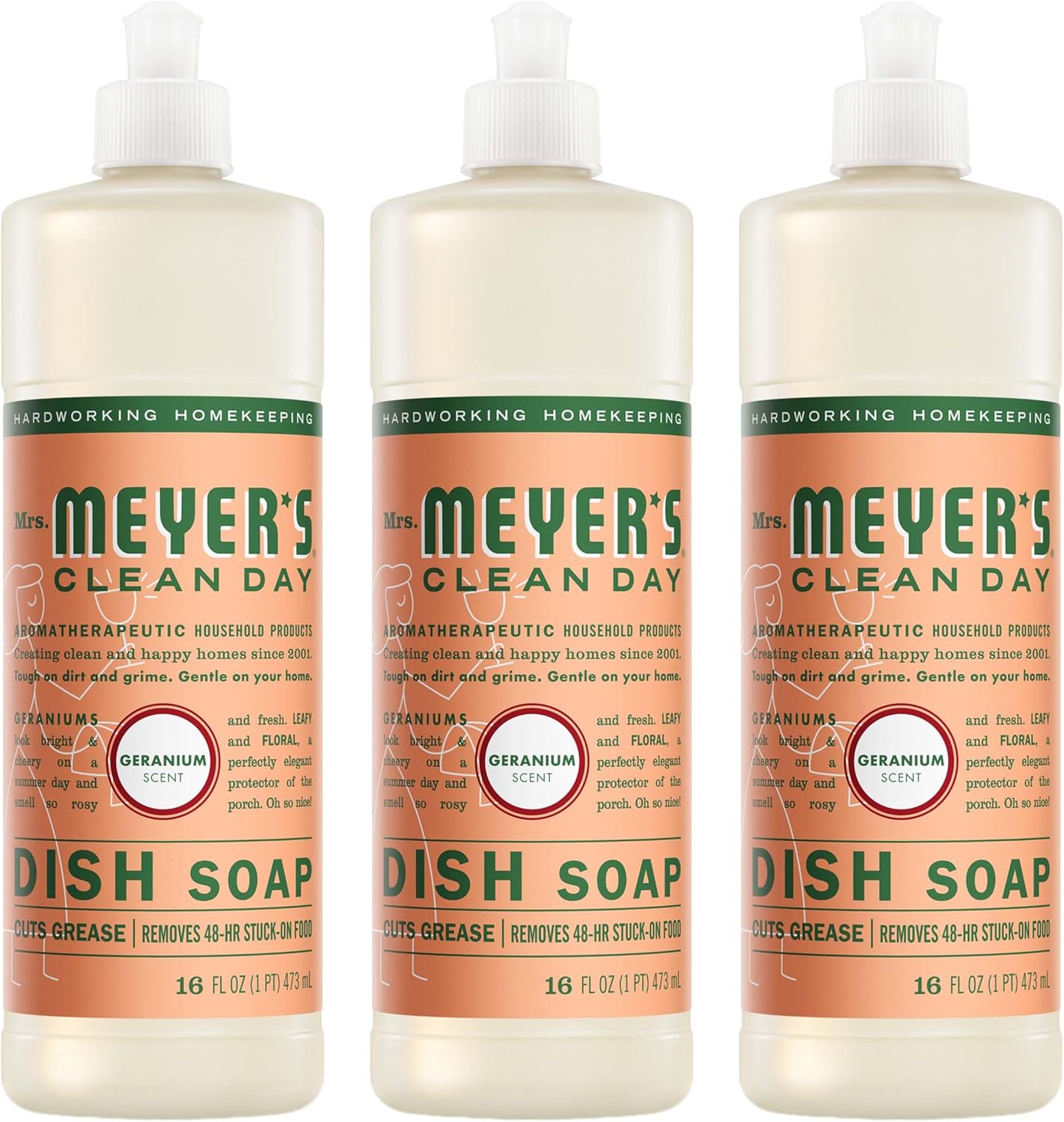 MRS. MEYER'S CLEAN DAY Dish Soap, Geranium, 16 fl oz (Pack of 3)