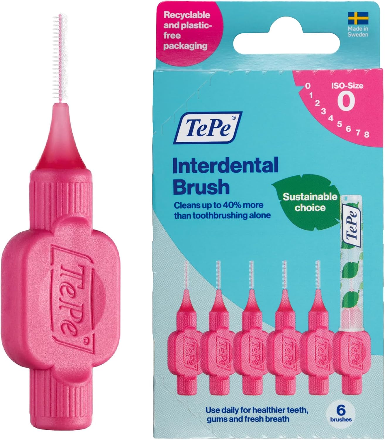 TePe Interdental Brush Original, Soft Dental Brush for Teeth Cleaning, Pack of 6, 0.40 mm, Extra-Small/Small Gaps, Pink, Size 0