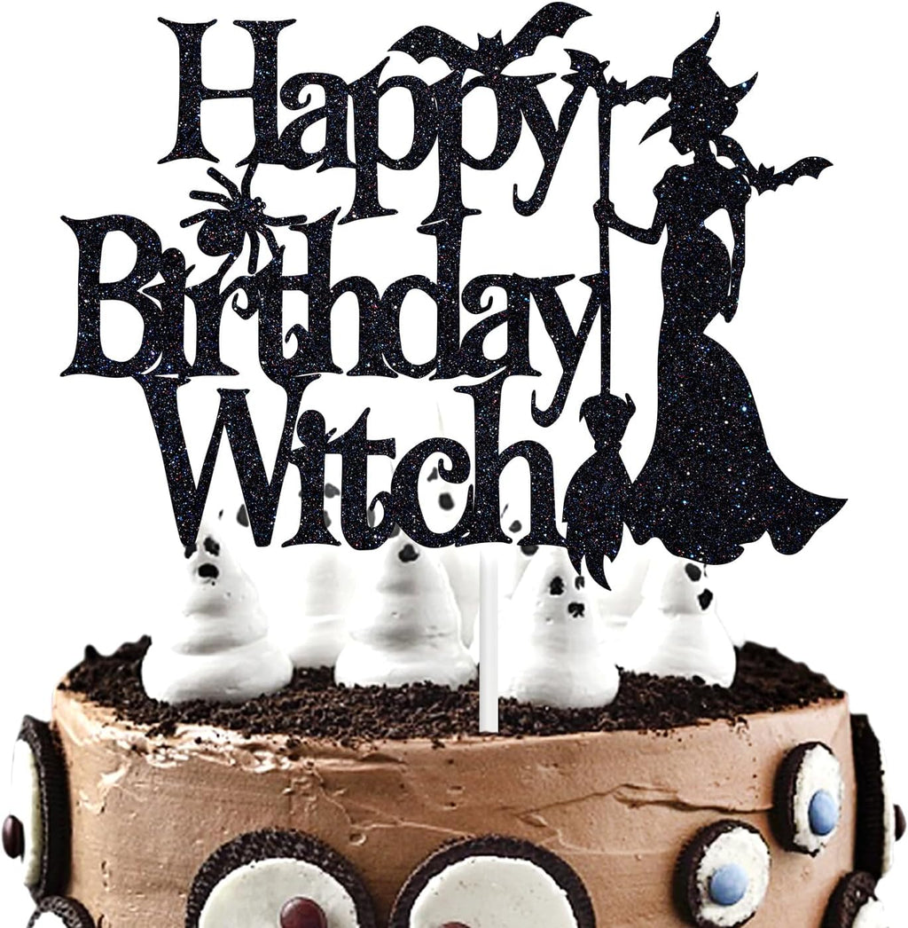 Happy Birthday Witch Cake Topper, Hocus Pocus Theme Birthday Cake Decor,Halloween Birthday Party Decorations Supplies for Girls Women, Black Glitter