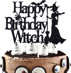 Happy Birthday Witch Cake Topper, Hocus Pocus Theme Birthday Cake Decor,Halloween Birthday Party Decorations Supplies for Girls Women, Black Glitter
