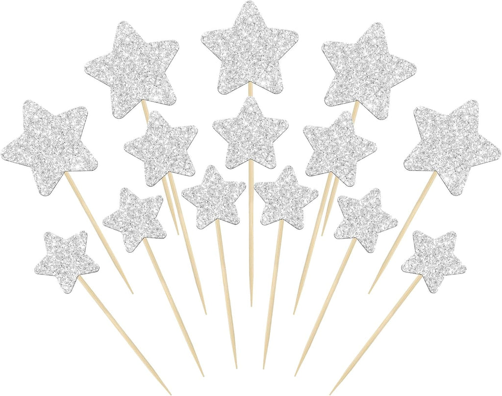 Gyufise 42Pcs Little Star Cupcake Toppers Glitter Twinkle Star Cupcake Picks Wedding Engagement Baby Shower Birthday Party Cake Decorations Supplies Mixed Size Silver