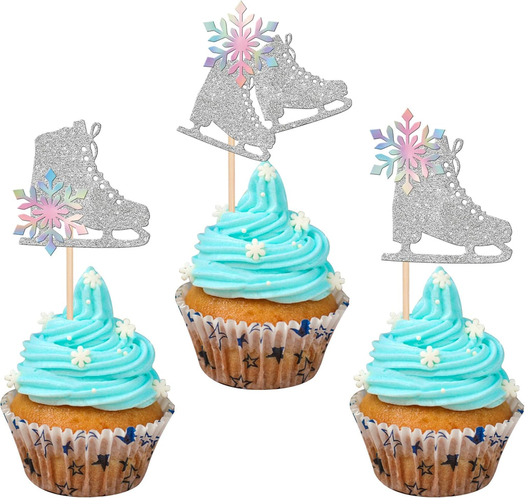 24 PCS Ice Skating Cupcake Toppers Glitter Ice Sports Snowflake Cupcake Picks for Skating Theme Baby Shower Kids Birthday Party Cake Decorations Supplies Silver