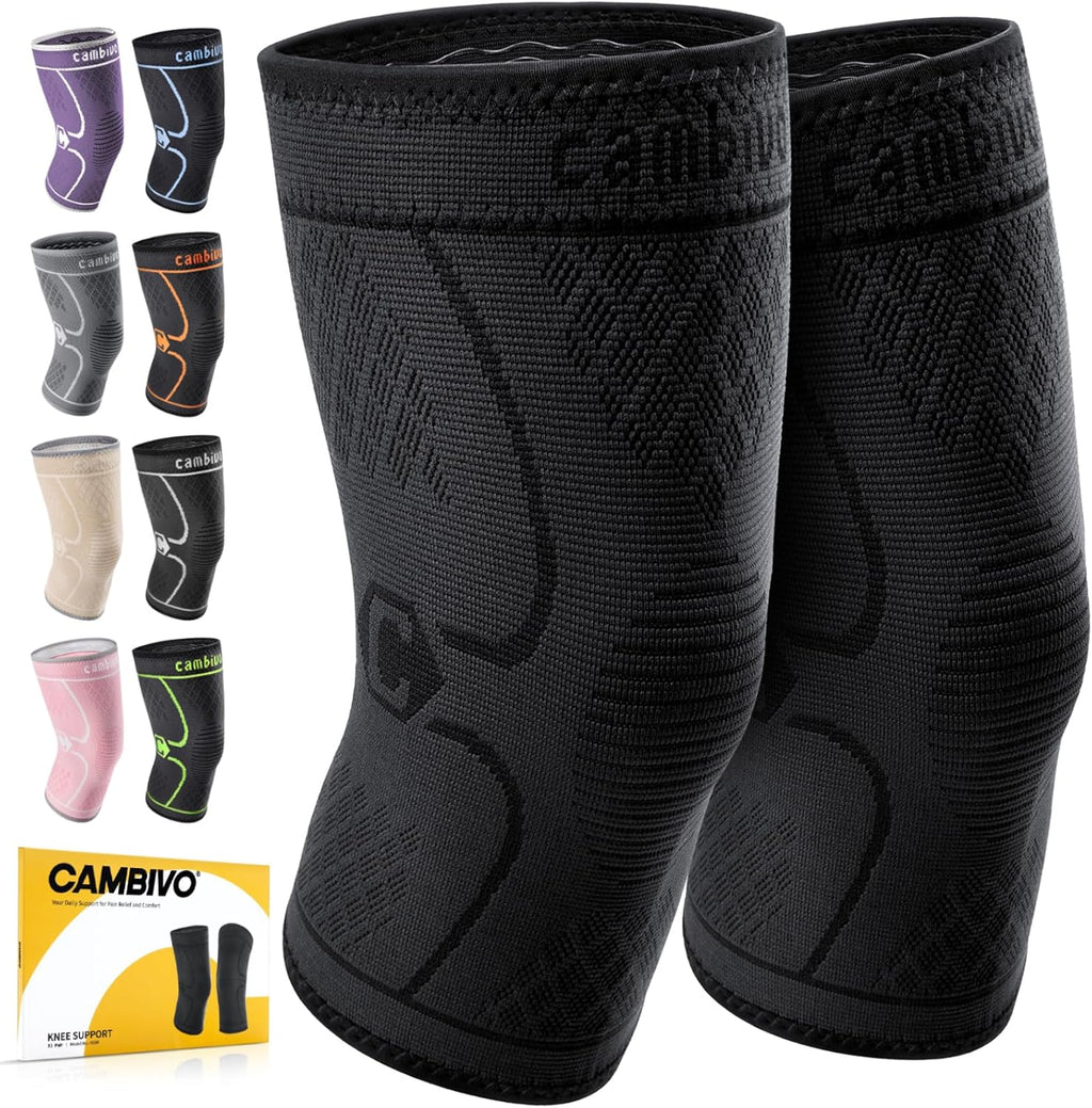 CAMBIVO 2 Pack Knee Braces for Women & Men, Knee Compression Sleeves for Knee Pain Relief, Knee Support with Non-Slip Silicone, Breathable, for Running, Workout, Weightlifting & Daily Use, Arthritis Support (Black, Medium)