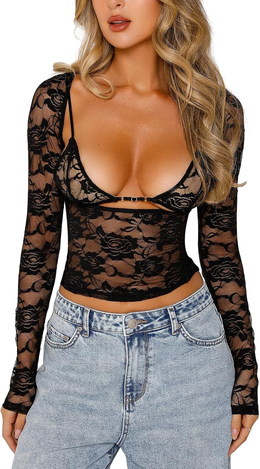 Women Y2k Lace Long Sleeve Crop Top Sexy Sheer See Through T Shirts Backless Slim Fit Going Out Tops