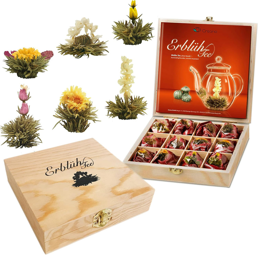 Creano Blooming Tea - Flowering Ball Gift Set in Stylish Wooden Box - 12 Pieces, White Tea