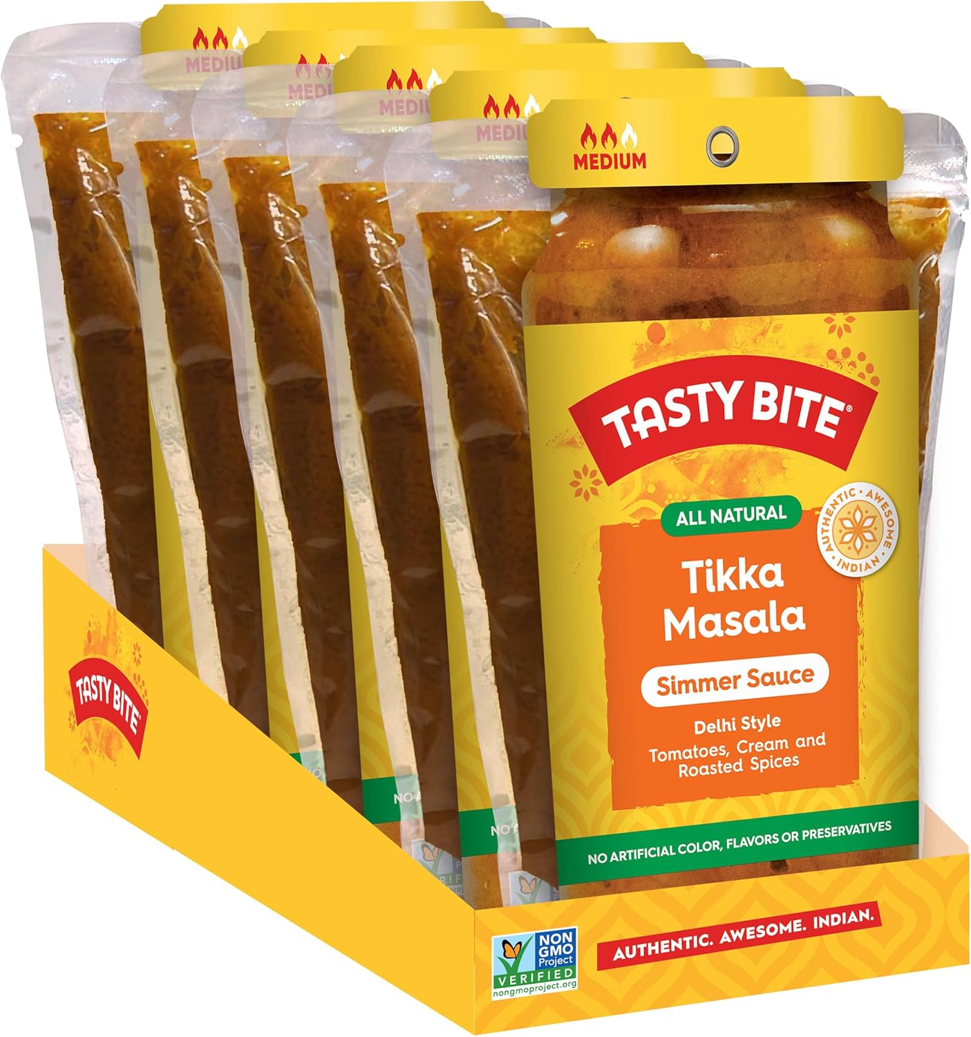Tasty Bite Delhi Style Tikka Masala Simmer Sauce, 7-Ounce 5-Pack, 3-4 Servings Per Pouch, Vegetarian, Kosher, Non GMO
