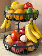 2 Tier Large Fruit Basket for Kitchen Counter with 2 Banana Hangers, Metal Stackable Fruit Bowl for Kitchen Counter for Bread Vegetable Fruits, Black