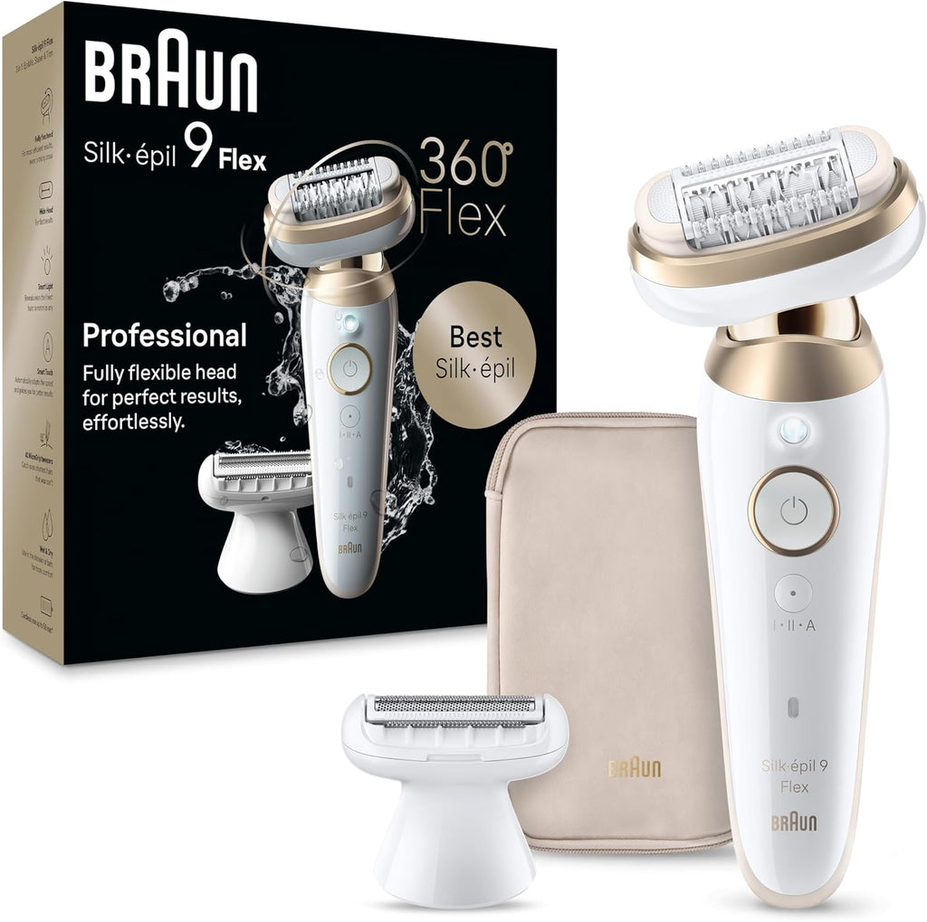 Braun Silk-épil 9 Flex Epilator, 360 Flex and Pivoting Head, Wet and Dry, Includes Shaver Head, Trimmer Comb, SES9-041 3D, Tinted Gold