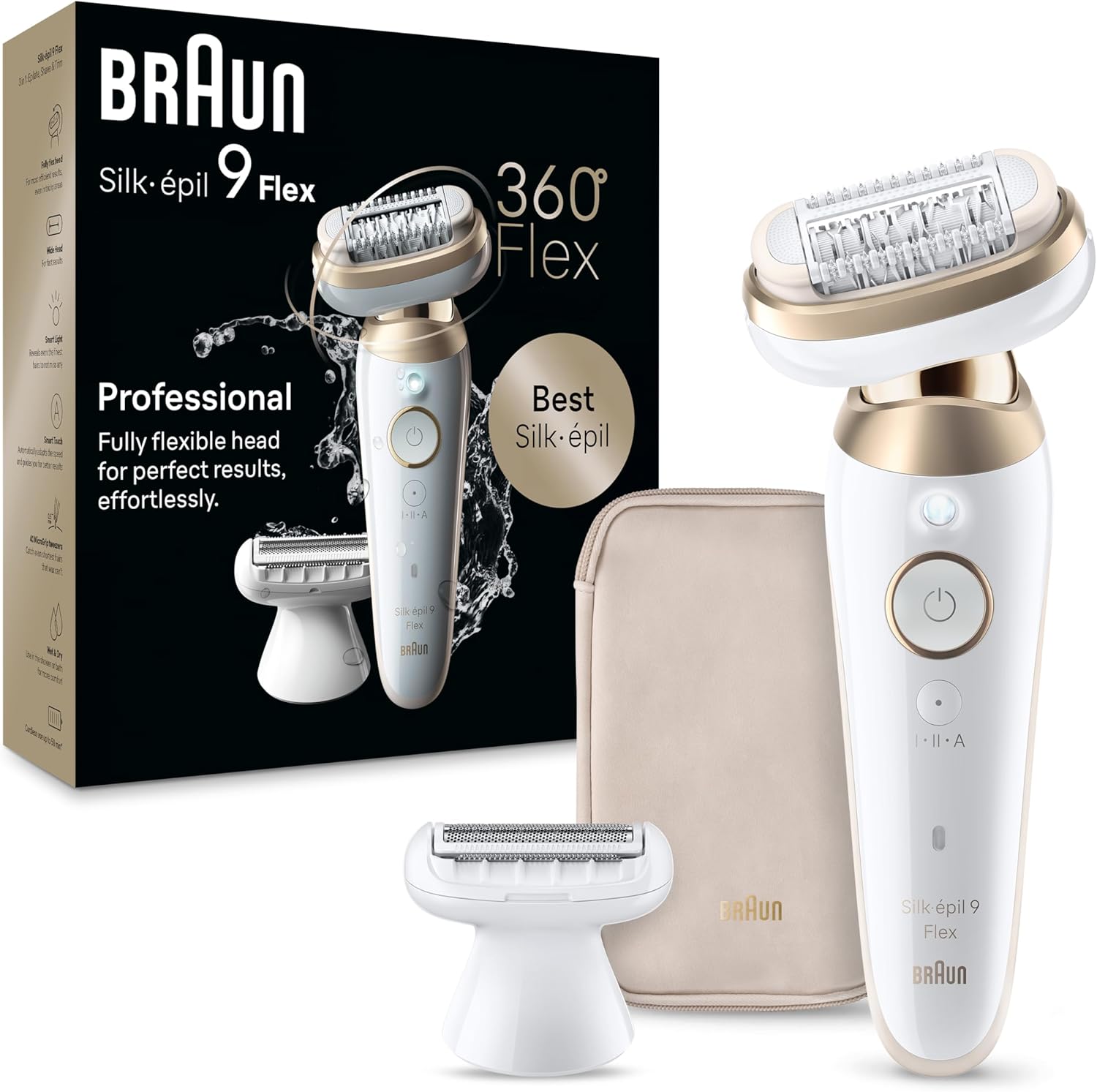 Braun Silk-épil 9 Flex Epilator, 360 Flex and Pivoting Head, Wet and Dry, Includes Shaver Head, Trimmer Comb, SES9-041 3D, Tinted Gold