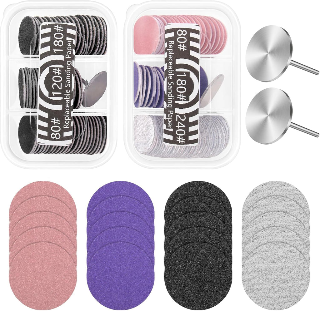 120 Pcs Sanding Paper Disc w/ 2 Metal Bit, 80/120/180/240 Grit Round Pedicure Replacement Sanding Discs for Electric Nail File Bits, Foot File Sandpaper Discs for Dead Skin Foot Callus Remover