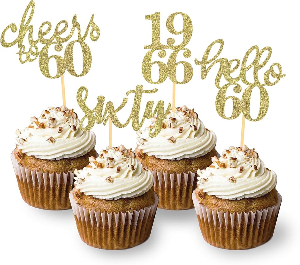 24 Pcs Glitter 60th Birthday Cupcake Toppers for Celebrating Sixty Years Old Birthday Party Decorations (Gold)