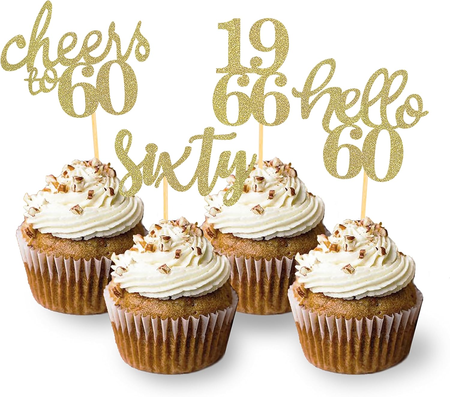 24 Pcs Glitter 60th Birthday Cupcake Toppers for Celebrating Sixty Years Old Birthday Party Decorations (Gold)