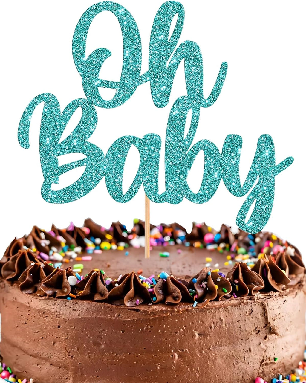 Oh Baby Cake Topper - Glitter Light Blue Baby Shower Cake Decorations, Gender Reveal Cake Smash Decor, New Baby Cake Top Photo Booth Props (Light Blue)