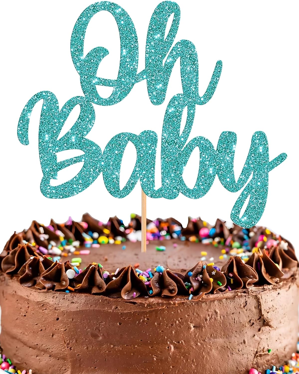 Oh Baby Cake Topper - Glitter Light Blue Baby Shower Cake Decorations, Gender Reveal Cake Smash Decor, New Baby Cake Top Photo Booth Props (Light Blue)