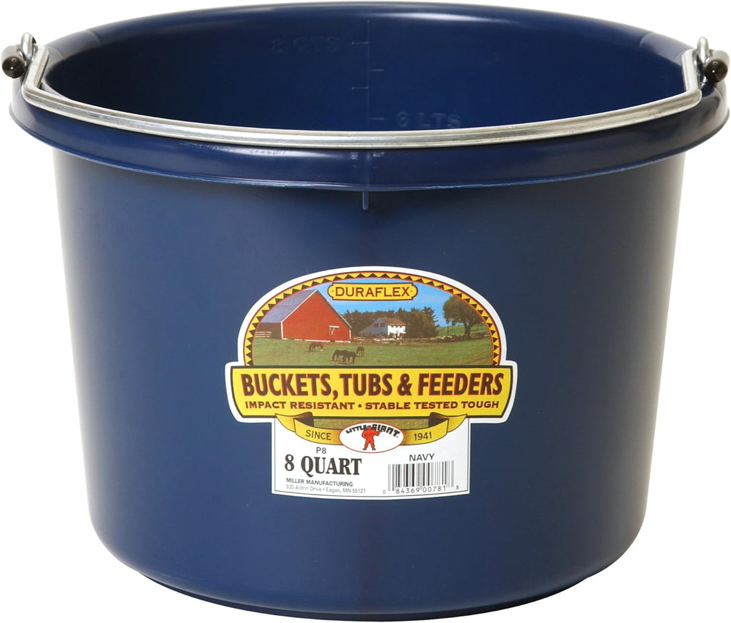 Little Giant® Plastic Animal Feed Bucket | Round Plastic Feed Bucket with Metal Handle | Made in USA | 8 Quarts | Navy