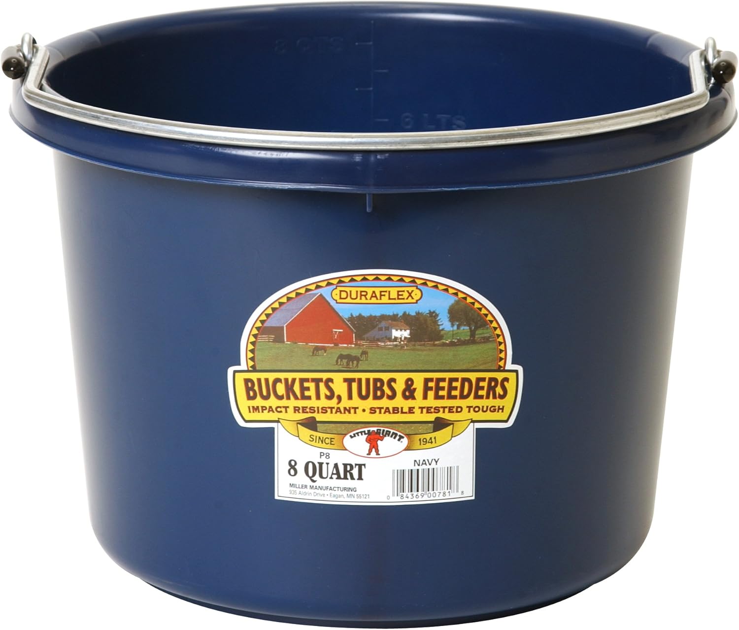 Little Giant® Plastic Animal Feed Bucket | Round Plastic Feed Bucket with Metal Handle | Made in USA | 8 Quarts | Navy