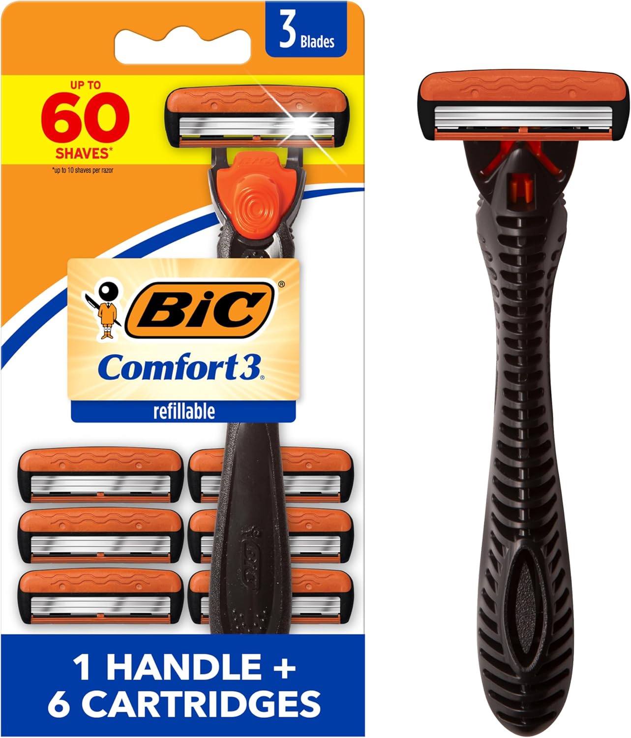 BIC Comfort 3 Refillable Three-Blade Razor for Men, Sensitive Skin Razor For a Comfortable Shave, 1 Handle and 6 Cartridges, 7 Piece Razor Set