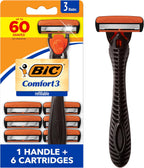 BIC Comfort 3 Men's Refillable 3-Blade Razors with 1 Handle and 6 Cartridges, Smooth Shave Kit for Men