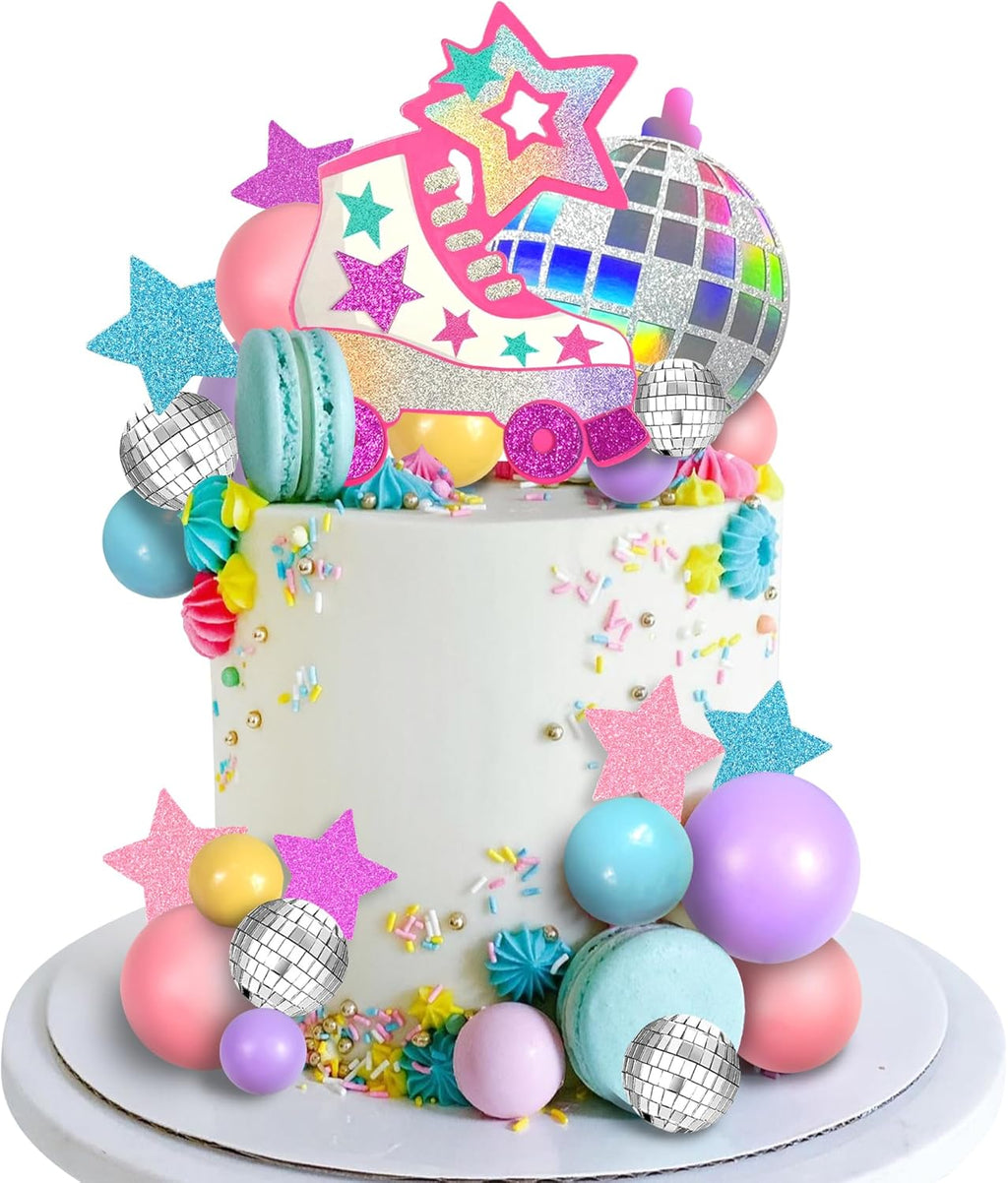 Roller Skate Cake Topper Disco Ball Cake Toppers Pastel Ball Cake Decorations for 80s 90s Skating Hip Hop Theme Rolling Birthday Decorations (Style 01)