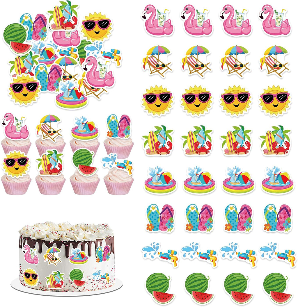 72Pcs Edible Summer Beach Pool Cupcake Toppers Wafer Paper Sun Flower Watermelon Water Gun Coconut Slippers Cupcake Picks Pool Party Birthday Tropical Luau Party Supplies