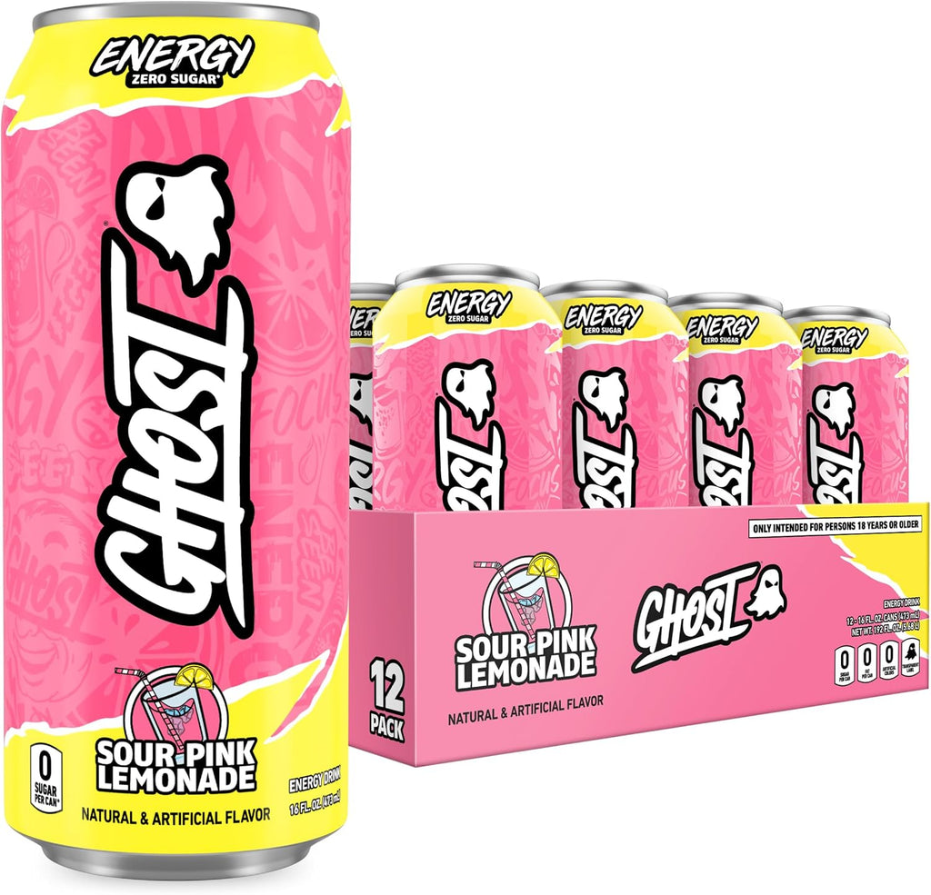 GHOST Energy Drink - 12-Pack, Sour Pink Lemonade, 16oz Cans - Energy & Focus & No Artificial Colors - 200mg of Natural Caffeine, L-Carnitine & Taurine - Gluten-Free & Vegan