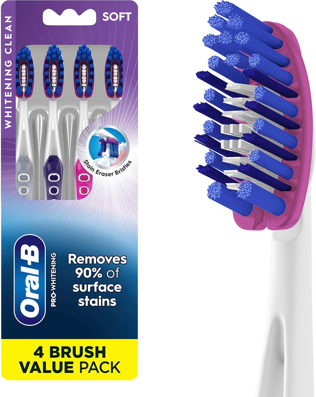 Oral-B 3D White Deep Stain Remover toothbrushes, 4 Count Toothbrush Soft, Removes 90% of Surface Stains, whitens Teeth, deep Reach, removes Plaque and Stains Tooth Brush