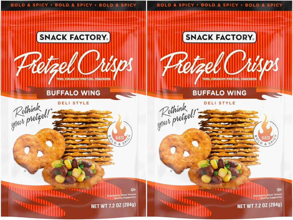 Snack Factory Buffalo Wing Pretzel Crisps, Non-GMO, 7.2 OZ Resealable Bag, (Pack of 2)