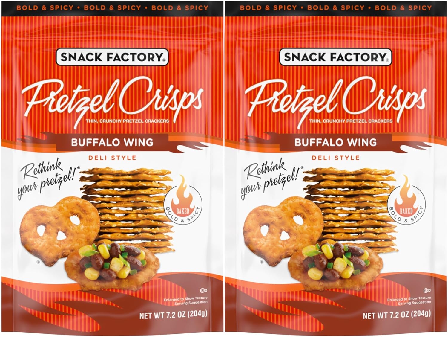 Snack Factory Buffalo Wing Pretzel Crisps, Non-GMO, 7.2 OZ Resealable Bag, (Pack of 2)