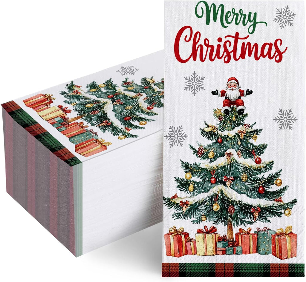 100 PCS Merry Christmas Tree Disposable Paper Napkins, Xmas Santa Claus Bathroom Hand Towels Decorative Dinner Guest Napkin, Winter Holiday Gifts Kitchen Dinning Table Party Decor 8 x 4 Inches