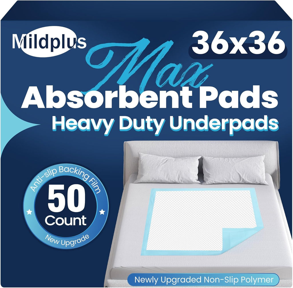 MILDPLUS Heavy Duty Underpad 36''x36'' 50 Count 125 Grams Extra Large Chucks Pads 3XL Disposable Bed Pads, Super Absorbent Incontinence Pads for Adults, Kids, Pee Pads (Purple or Blue)