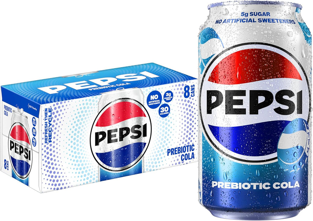 Pepsi Prebiotic Cola, 12 fl oz Cans (8 Pack), 30 Calories, 3g Prebiotic Fiber, 5g Sugar, Soda Pop