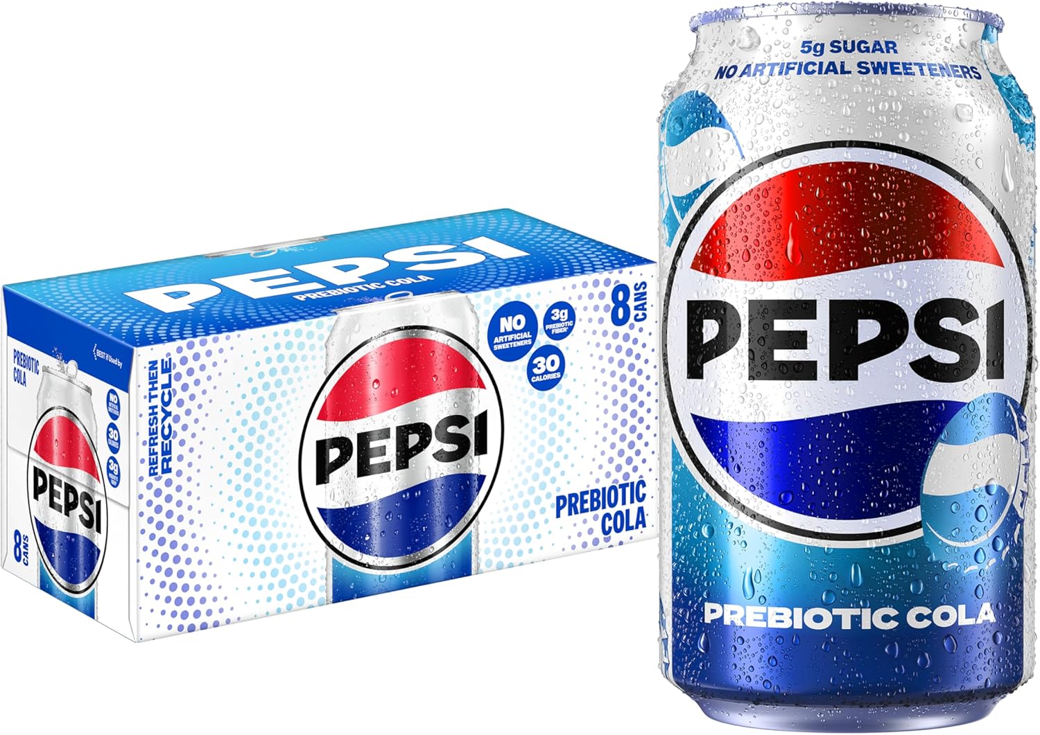 Pepsi Prebiotic Cola, 12 fl oz Cans (8 Pack), 30 Calories, 3g Prebiotic Fiber, 5g Sugar, Soda Pop