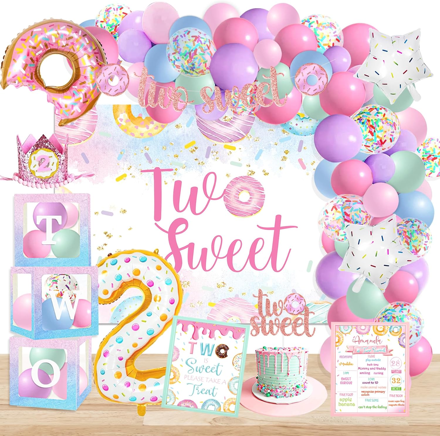 Two Sweet Birthday Party Supplies Decorations, Two Sweet Donut Ice Cream Birthday Party Decorations, Ice Cream Donut Theme Second Bday Party Decor, Baby Girl 2nd Bday Decoration