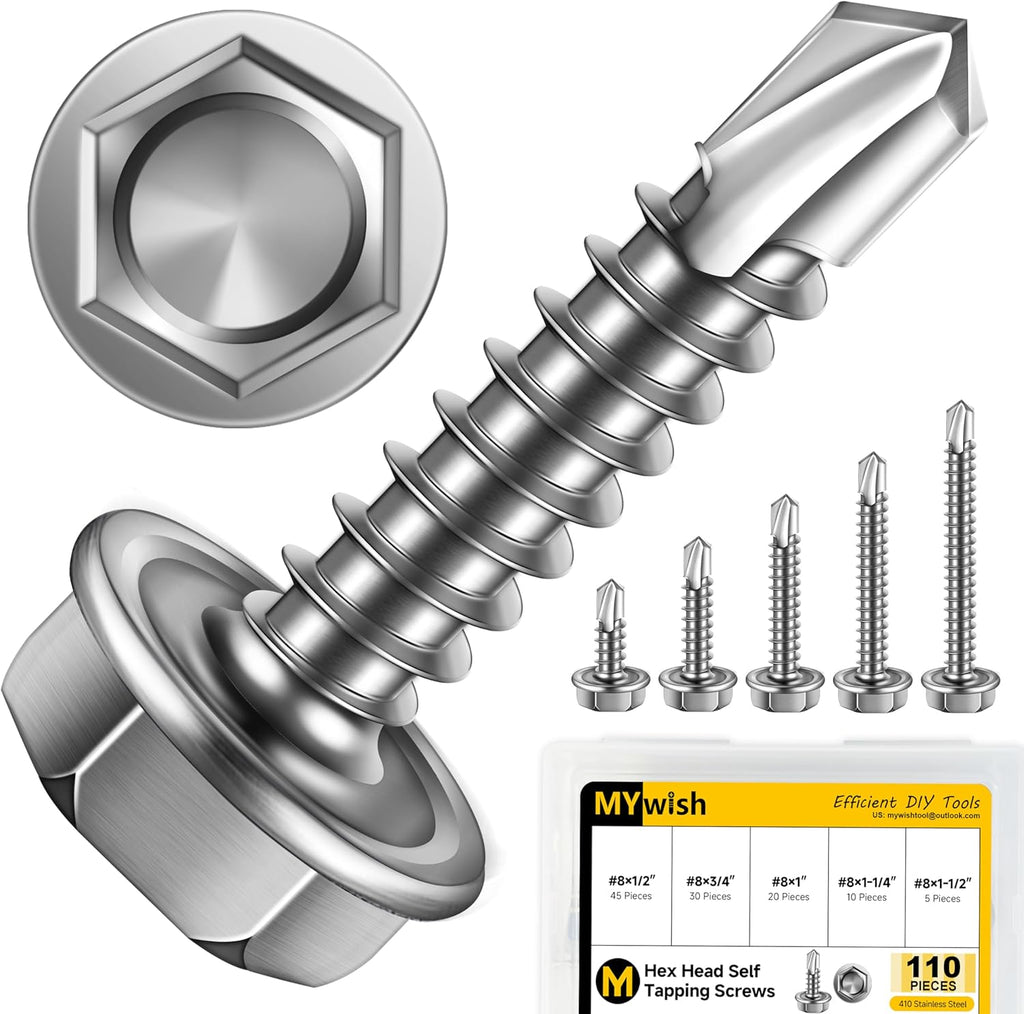 Mywish 410 Stainless Steel Self Tapping Screws for Metal, 110 Pieces #8 Hex Head Self Drilling Screws Assortment Kit, Length 1/2" to 1-1/2", Bright Finish Sheet Metal Screws