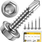 Mywish 410 Stainless Steel Self Tapping Screws for Metal, 110 Pieces #8 Hex Head Self Drilling Screws Assortment Kit, Length 1/2" to 1-1/2", Bright Finish Sheet Metal Screws