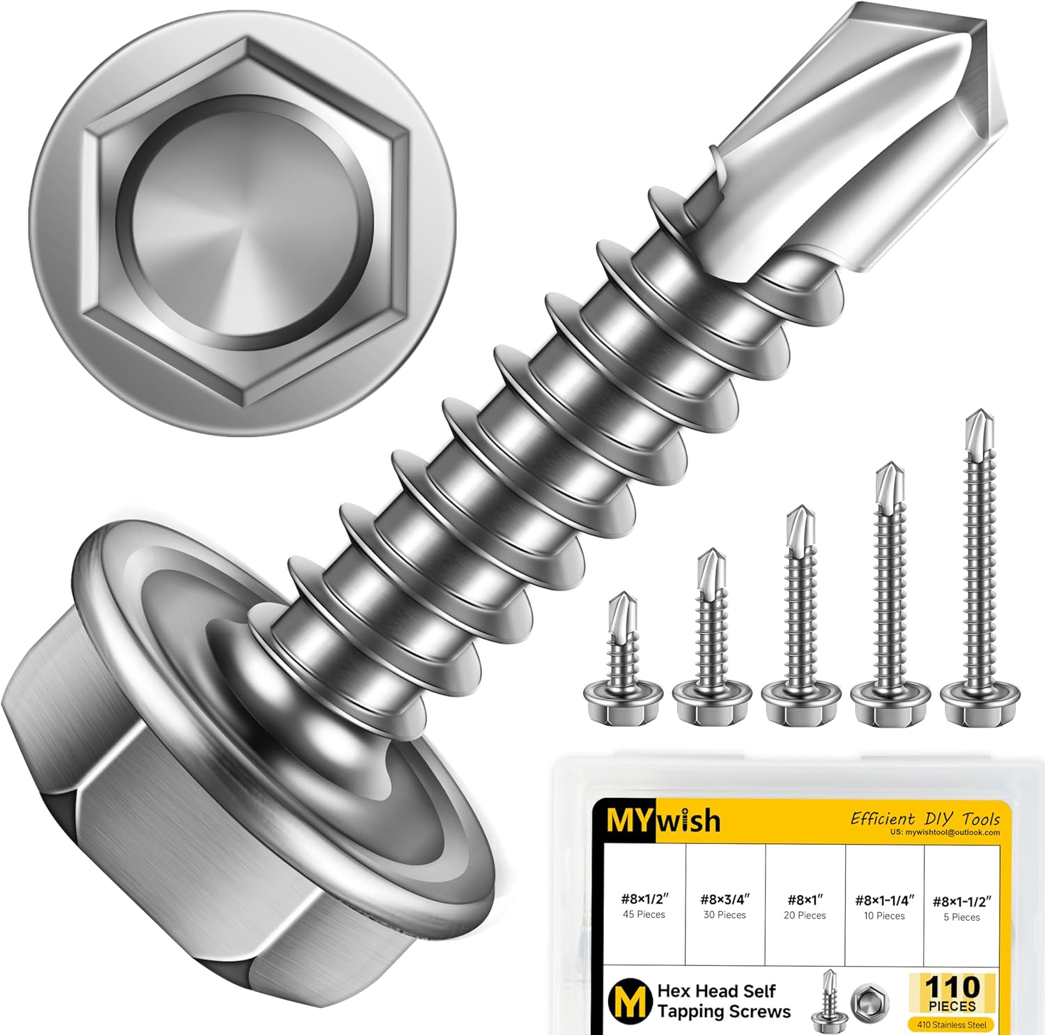 Mywish 410 Stainless Steel Self Tapping Screws for Metal, 110 Pieces #8 Hex Head Self Drilling Screws Assortment Kit, Length 1/2" to 1-1/2", Bright Finish Sheet Metal Screws