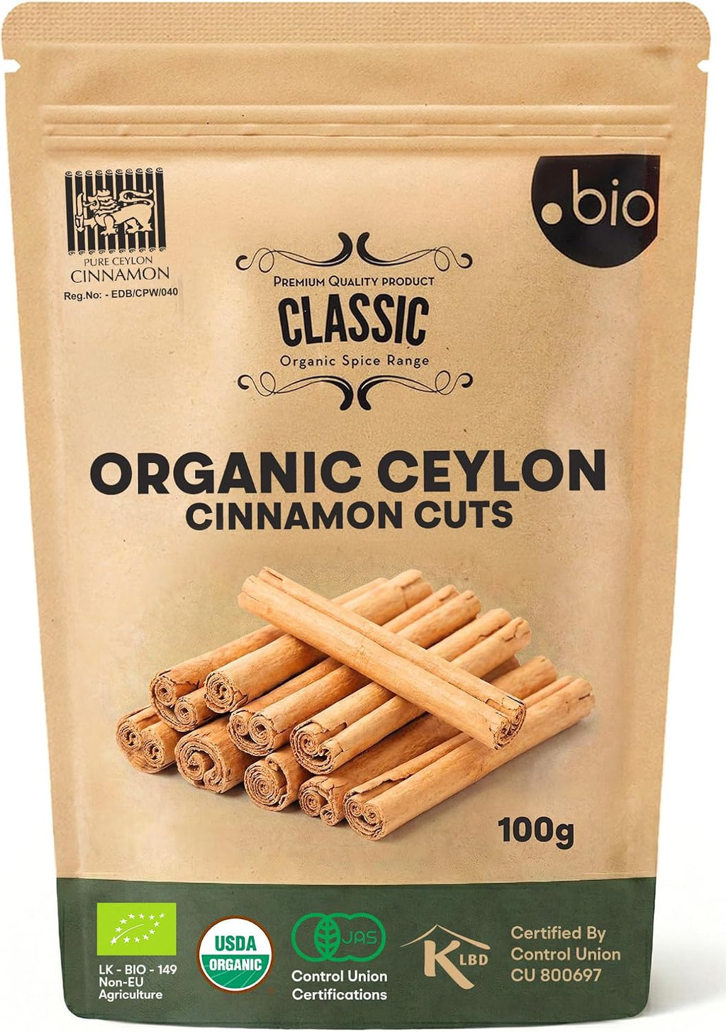 Organic Ceylon Cinnamon Sticks | USDA Certified Organic |100% Ceylon Cinnamon | Premium Quality TrueCinnamon| 1.76 oz (50g) Resealable Bag