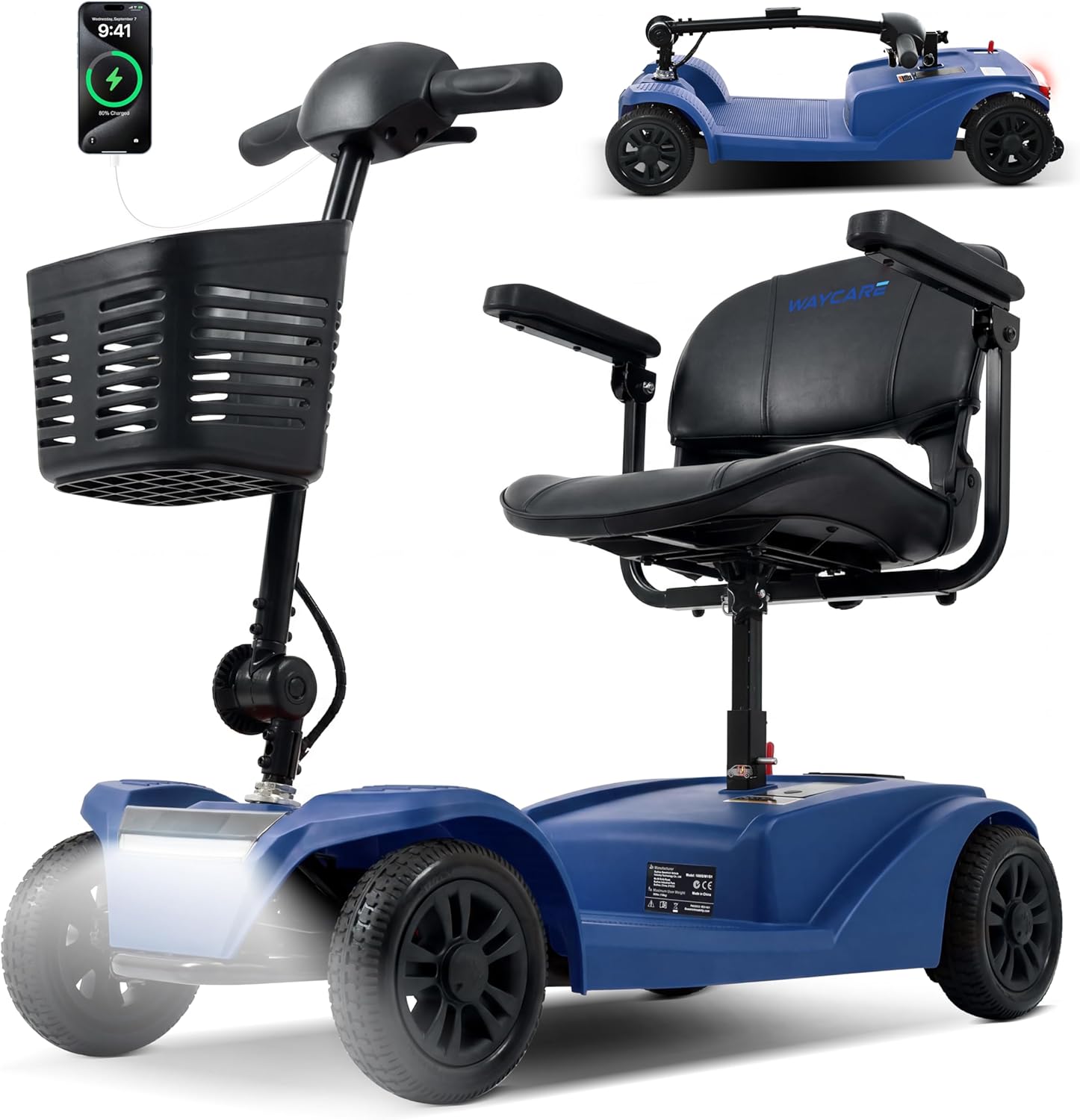 WayCare 15-25 Miles Long Range Mobility Scooter, Wheelchair Device, Powered Mobility Scooters for Seniors, Adults, Compact Duty Mobile for Travel with LED Headlight and Detachable Basket (Blue)