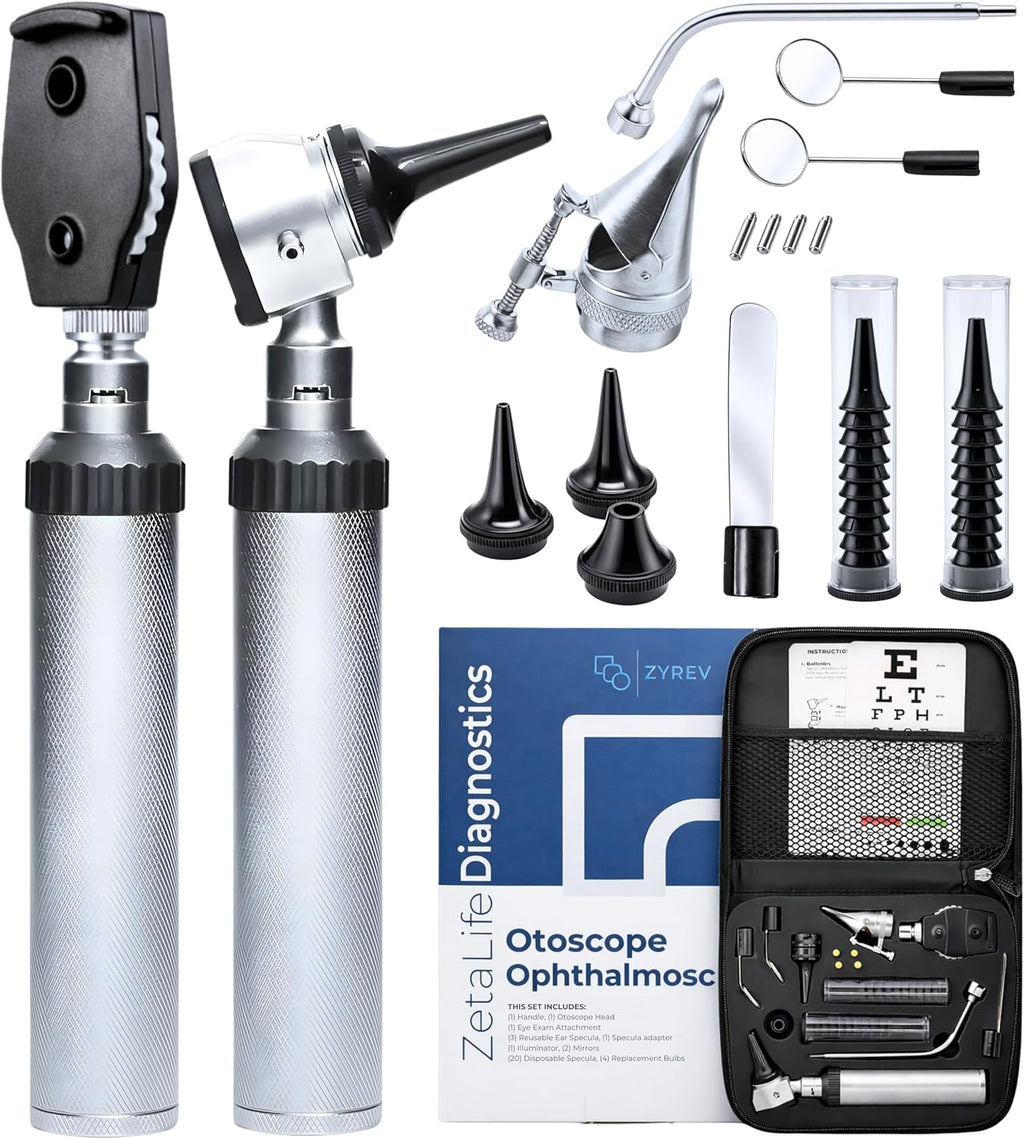 Zyrev Otoscope Oph Diagnostic Set - 36 Piece Medical and Nursing Student Otoscope/Opthalmoscope Diagnostic Kit - with Leather Case for Educational and Professional Settings (Regular)