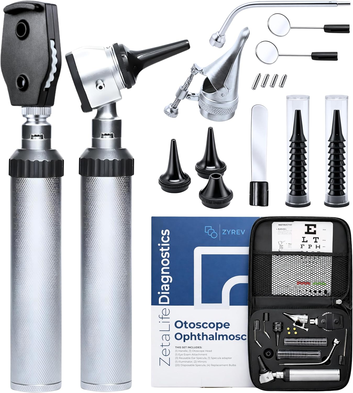 Zyrev Otoscope Oph Diagnostic Set - 36 Piece Medical and Nursing Student Otoscope/Opthalmoscope Diagnostic Kit - with Leather Case for Educational and Professional Settings (Regular)