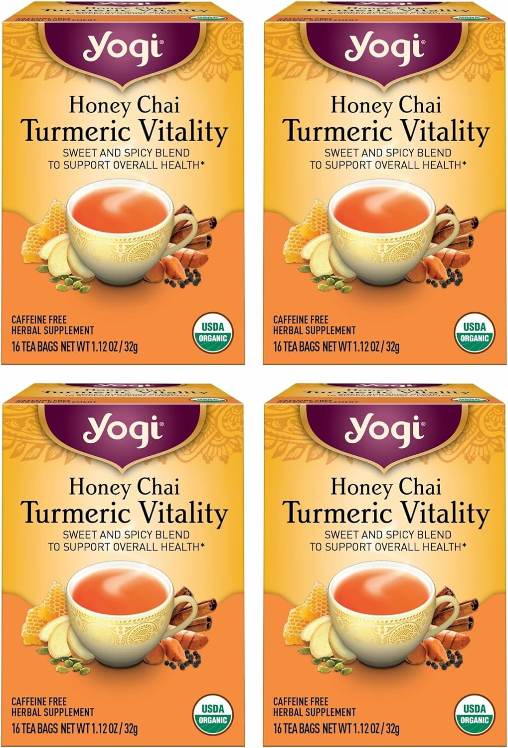Yogi Tea Honey Chai Turmeric Vitality Tea - 16 Tea Bags per Pack (4 Packs) - Organic Tea to Support Overall Health - Includes Cinnamon Bark, Turmeric Root, Cardamom Pod, Ginger Root & More