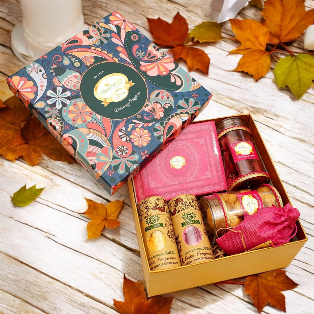 Ghasitaram Gifts Jaiccha Holi- Sweet/Holi Hampers/Thandai Ghasitaram Big Hamper Box of Gujiyas, Namkeens, Thandai and Organic Gulal