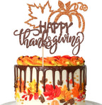 1 PCS Happy Thanksgiving Cake Topper Glitter Maple Leaf Pumpkin Happy Friendsgiving Cake Pick Fall Harvest Give Thanks Cake Decoration for Happy Thanksgiving Day Theme Party Supplies Orange