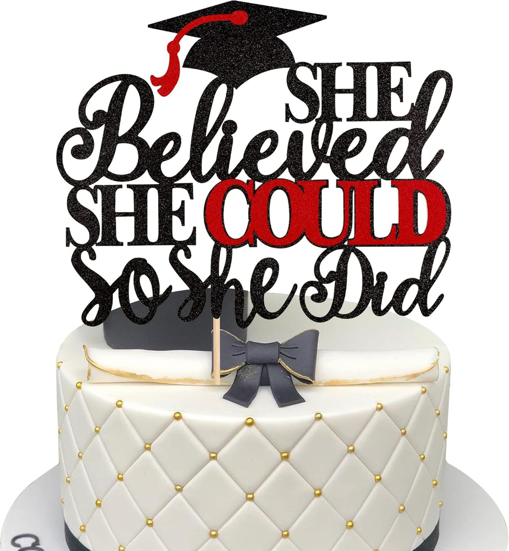 1 PCS She Believed She Could So She Did Cake Topper with Glitter Grad Cap Cake Pick Class of 2026 Senior Graduation Cake Decoration for 2026 Graduation Theme Party Decorations Supplies Black Red